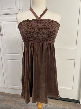 Juicy Couture XL Velour Brown Smocked Halter Mini Babydoll Dress Y2K